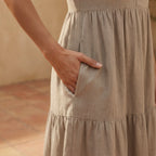 Beige Cotton Flax V-Neck Maxi Tier Dress