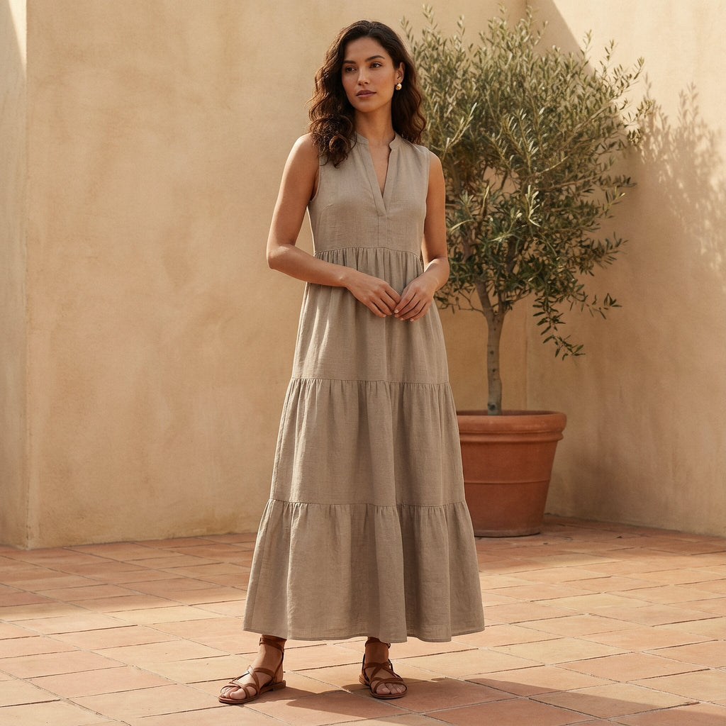Beige Cotton Flax V-Neck Maxi Tier Dress