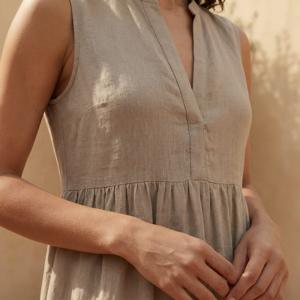 Beige Cotton Flax V-Neck Maxi Tier Dress