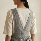 Beige Cotton Flax V-Neck Pinafore Midi Wrap Dress