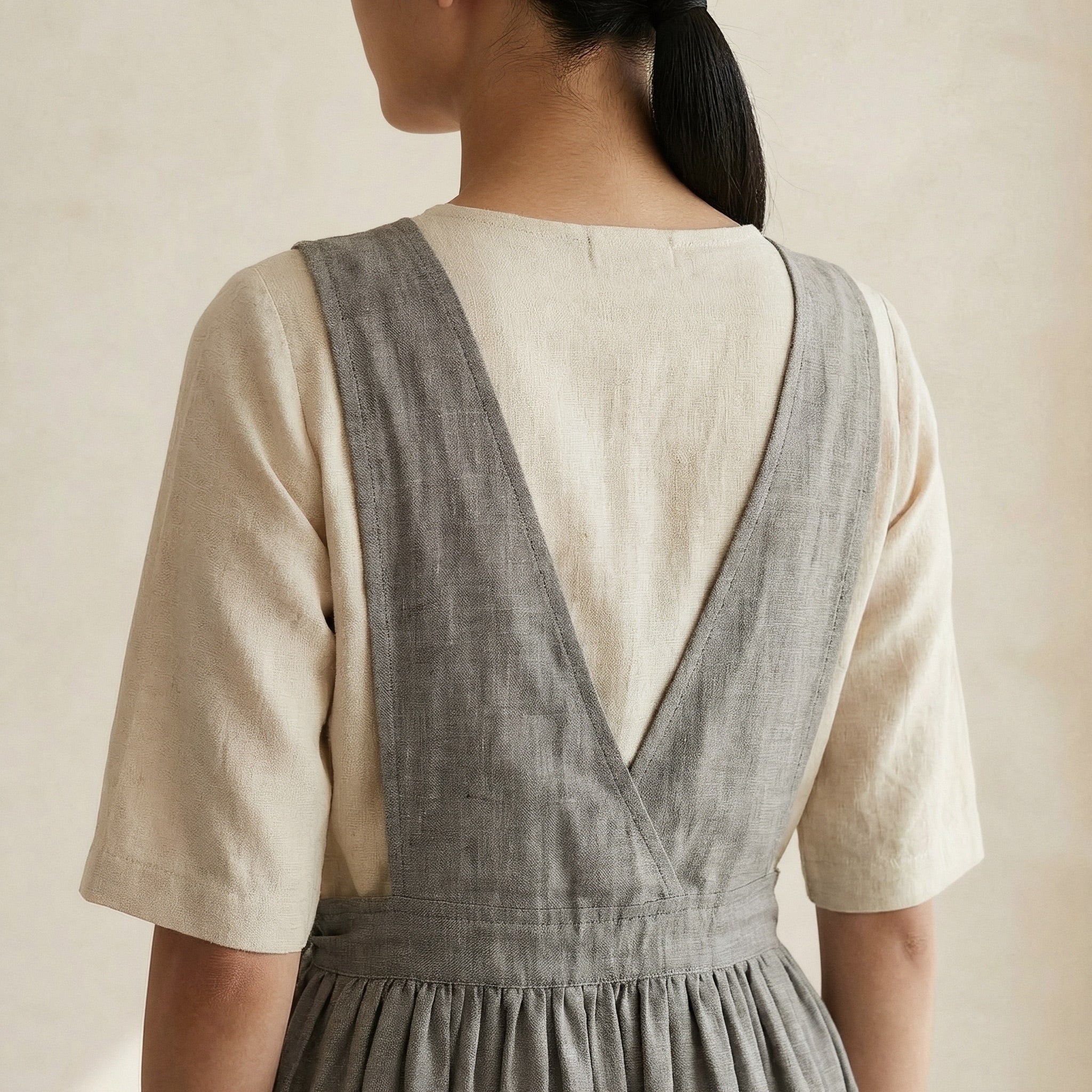 Beige Cotton Flax V-Neck Pinafore Midi Wrap Dress