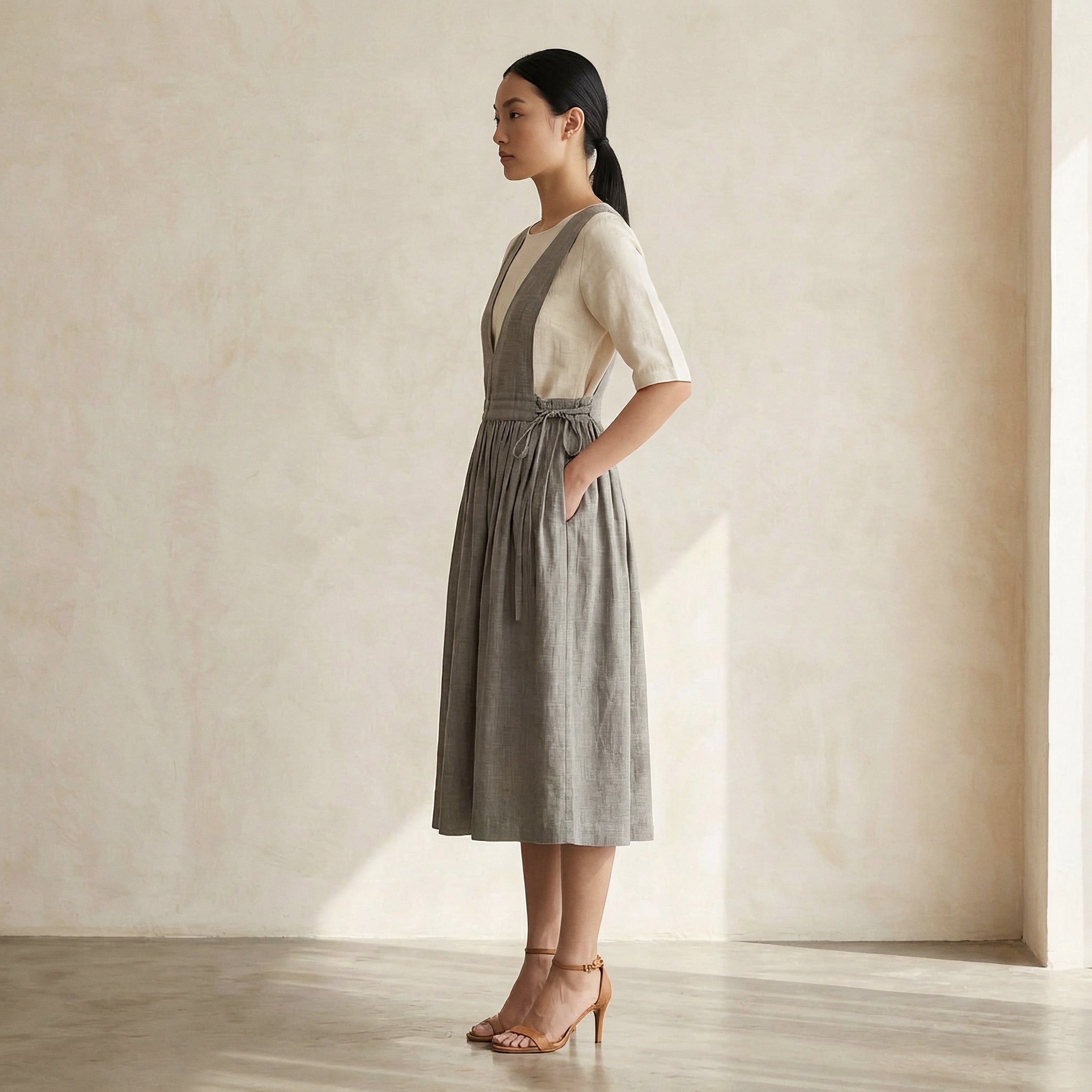 Beige Cotton Flax V-Neck Pinafore Midi Wrap Dress