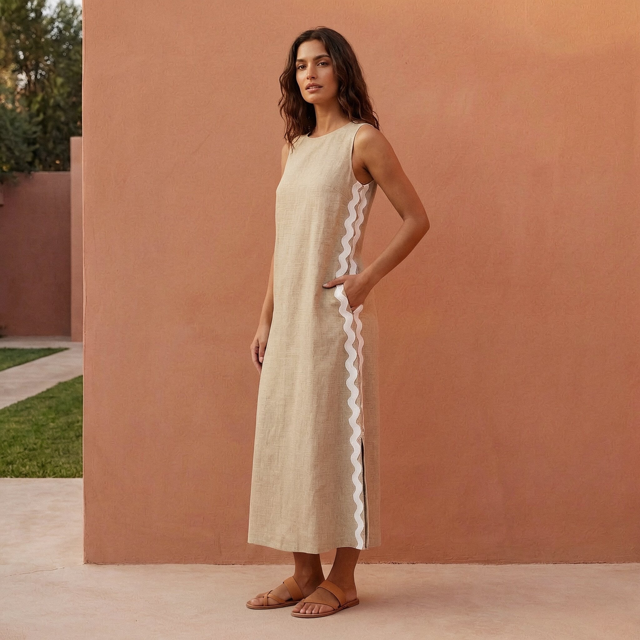Beige Cotton Flax Wavy Stripe Maxi Shift Dress