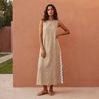 Beige Cotton Flax Wavy Stripe Maxi Shift Dress
