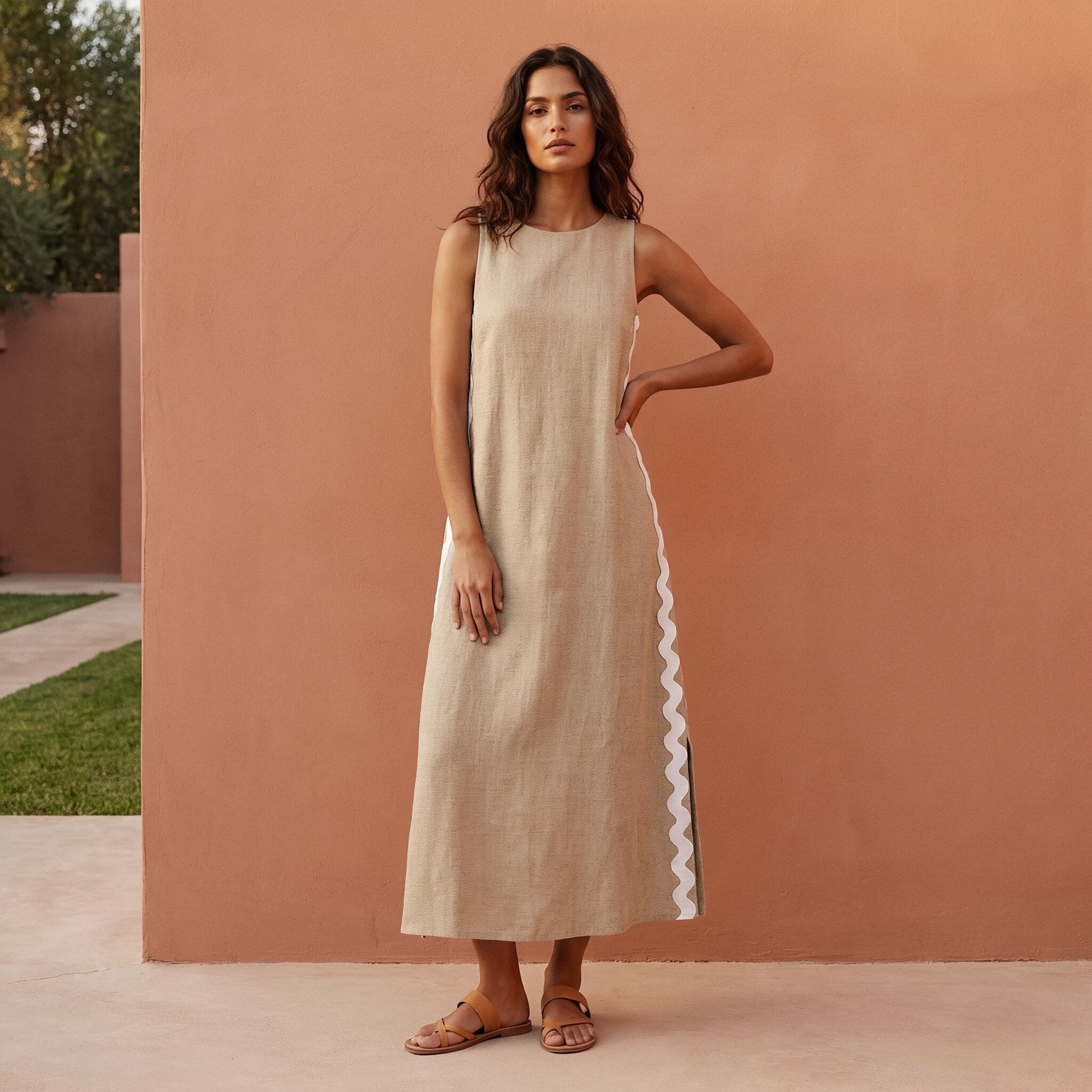 Beige Cotton Flax Wavy Stripe Maxi Shift Dress
