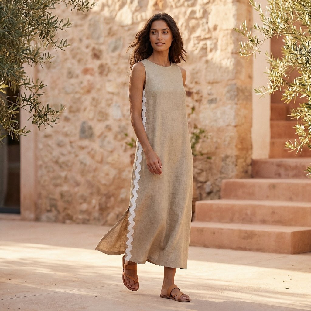 Beige Cotton Flax Wavy Stripe Maxi Shift Dress