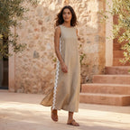 Beige Cotton Flax Wavy Stripe Maxi Shift Dress