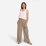 Front View of a Model wearing Beige Cotton Flax Wide Legged Straight Pant