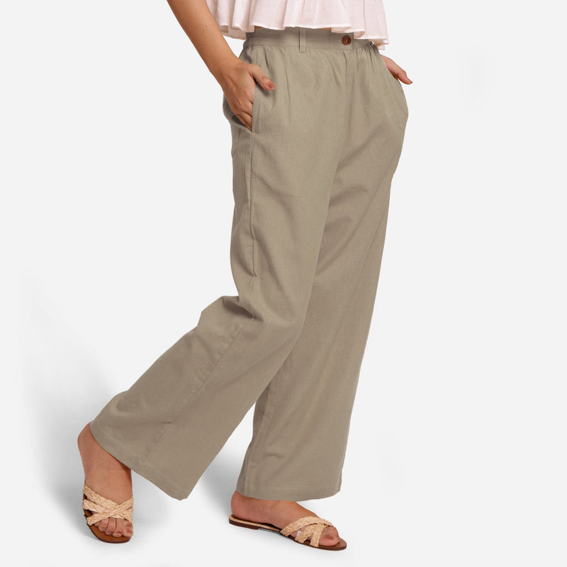 Right View of a Model wearing Beige Cotton Flax Wide Legged Straight Pant