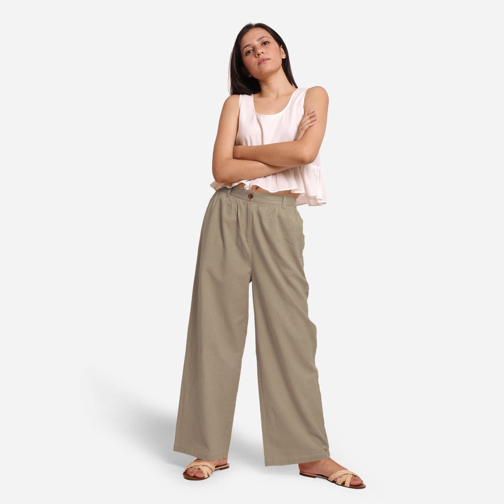 Front View of a Model wearing Beige Cotton Flax Wide Legged Straight Pant