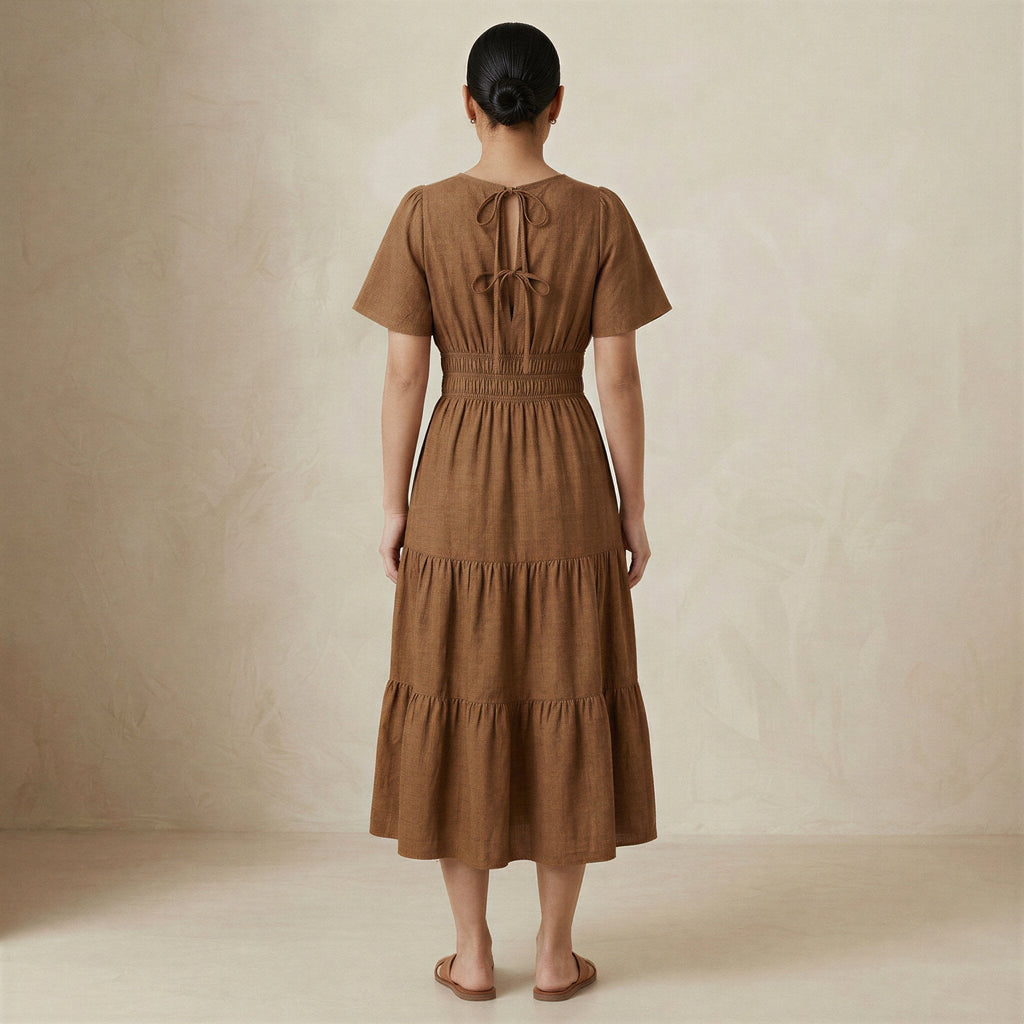 Beige Cotton Flutter Sleeve Tie-Back Tiered Midi Dress