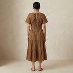 Beige Cotton Flutter Sleeve Tie-Back Tiered Midi Dress