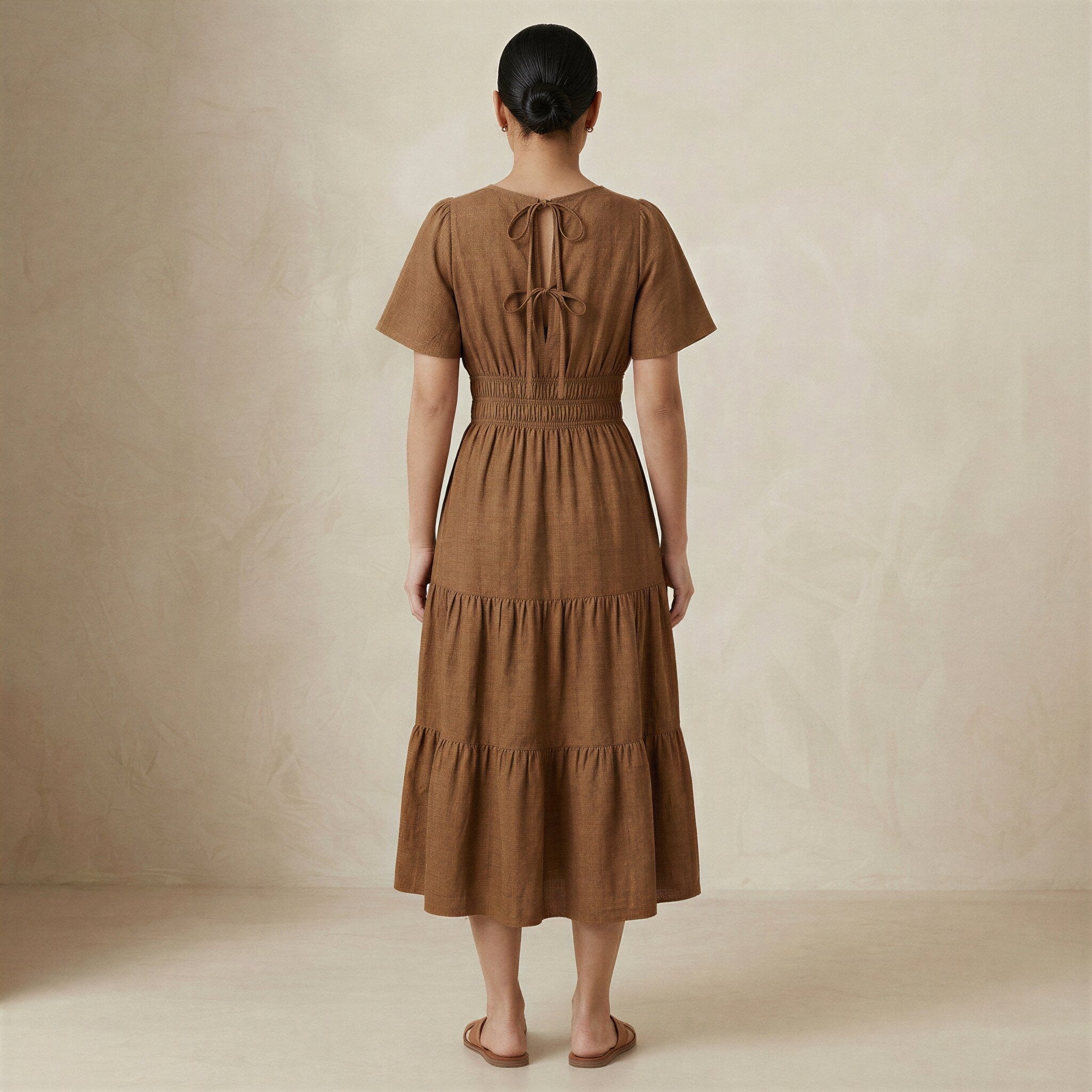 Beige Cotton Flutter Sleeve Tie-Back Tiered Midi Dress