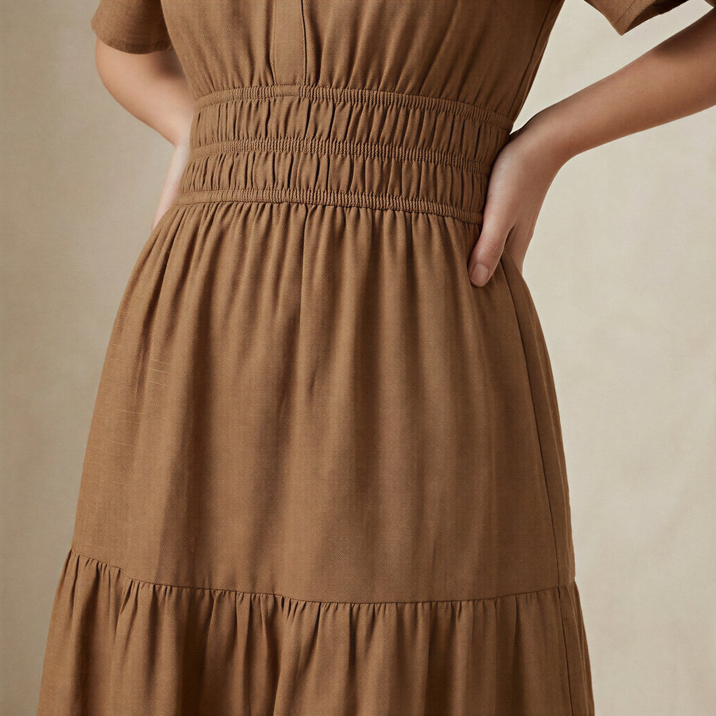 Beige Cotton Flutter Sleeve Tie-Back Tiered Midi Dress