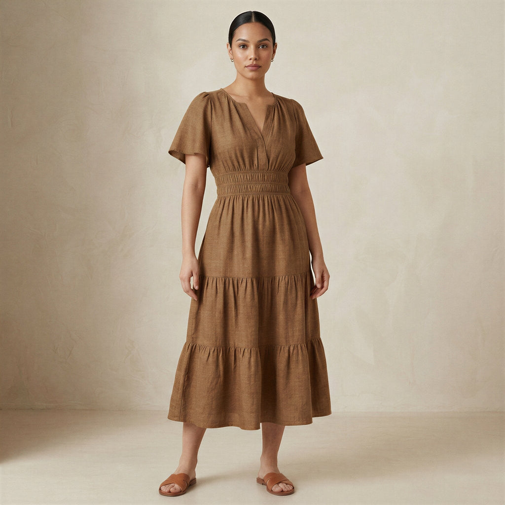 Beige Cotton Flutter Sleeve Tie-Back Tiered Midi Dress
