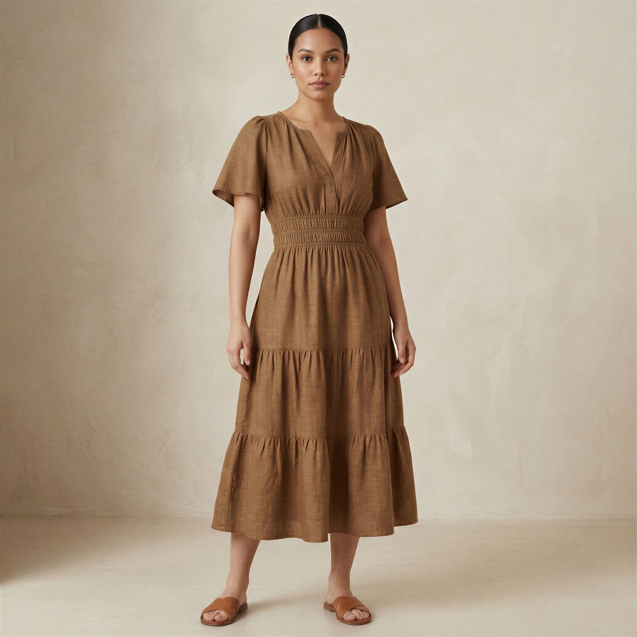 Beige Cotton Flutter Sleeve Tie-Back Tiered Midi Dress