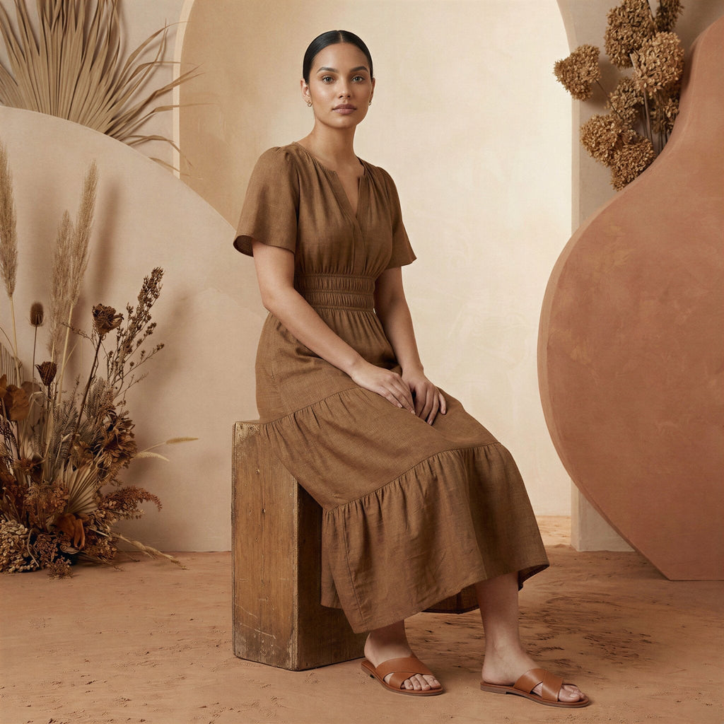 Beige Cotton Flutter Sleeve Tie-Back Tiered Midi Dress