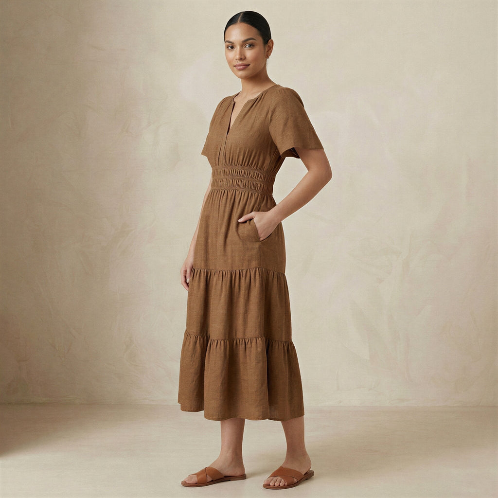 Beige Cotton Flutter Sleeve Tie-Back Tiered Midi Dress