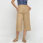 Front View of a Model wearing Beige Cotton High Rise Culottes