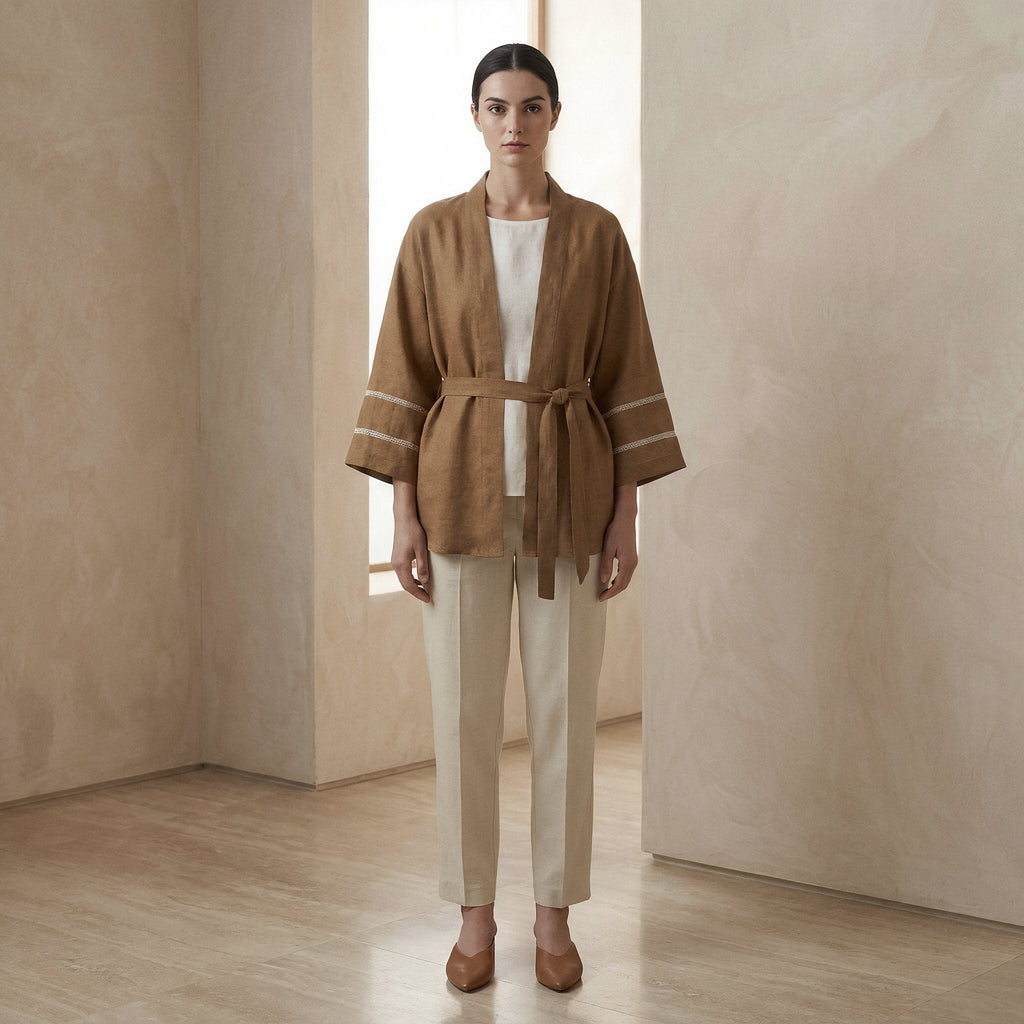 Beige Cotton Kyoto Kimono Sleeve Wrap Top