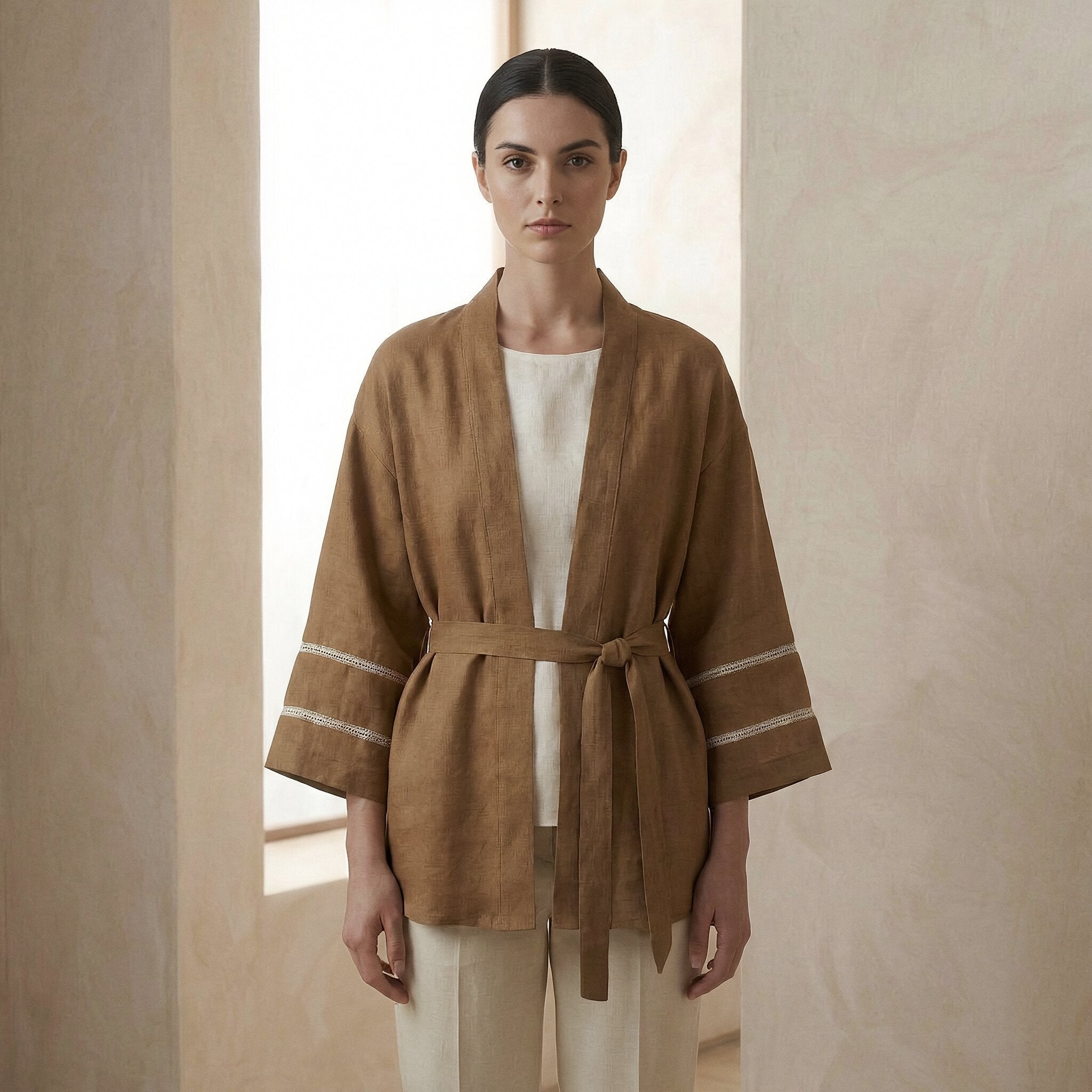 Beige Cotton Kyoto Kimono Sleeve Wrap Top