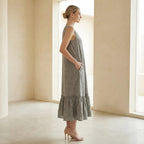 Beige Cotton-Linen A-Line V-Neck Sleeveless Maxi Tier Dress