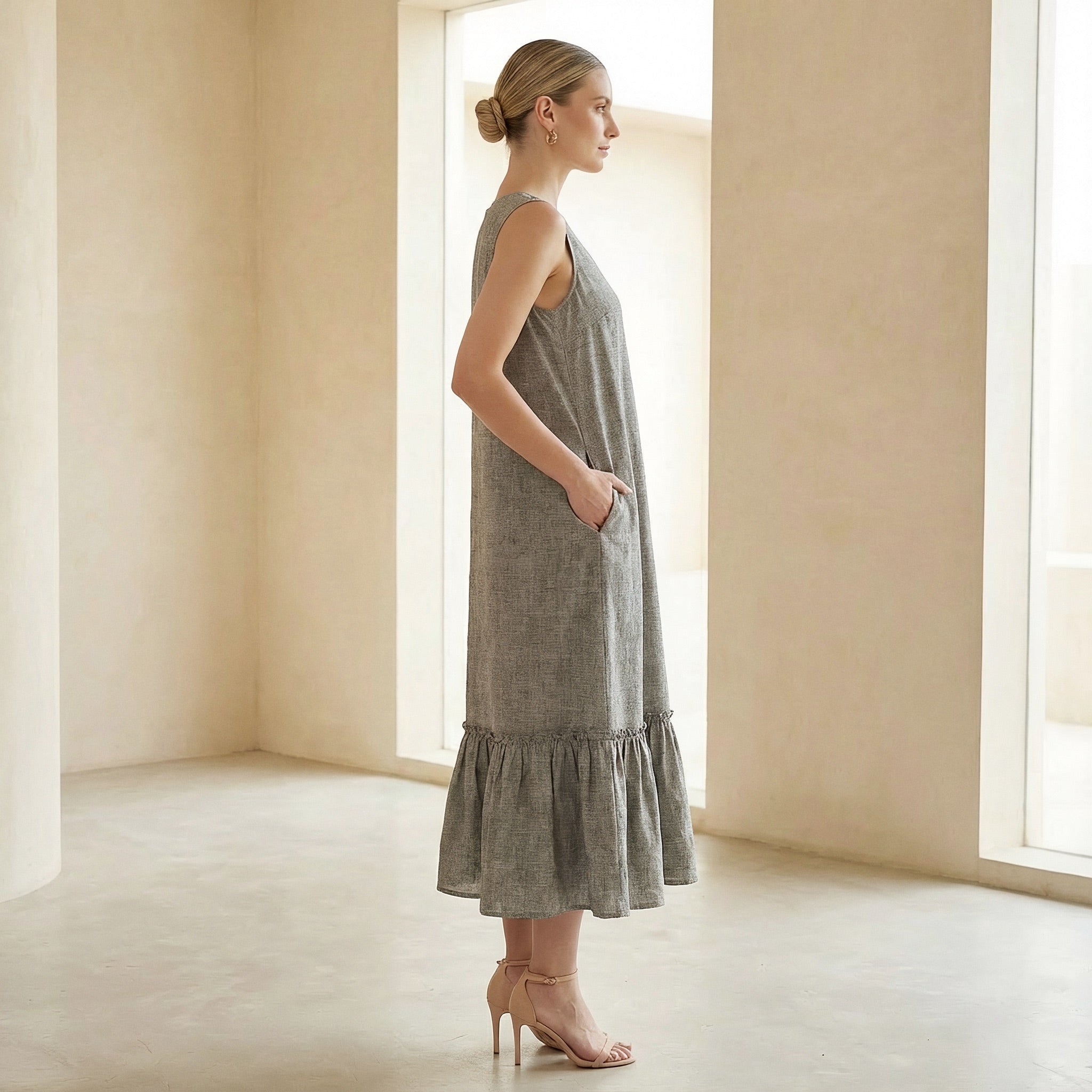 Beige Cotton-Linen A-Line V-Neck Sleeveless Maxi Tier Dress