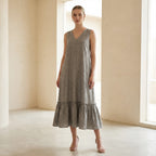 Beige Cotton-Linen A-Line V-Neck Sleeveless Maxi Tier Dress