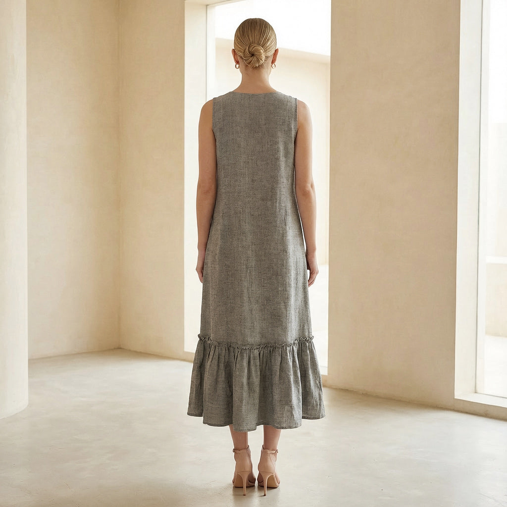 Beige Cotton-Linen A-Line V-Neck Sleeveless Maxi Tier Dress