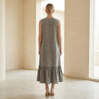 Beige Cotton-Linen A-Line V-Neck Sleeveless Maxi Tier Dress