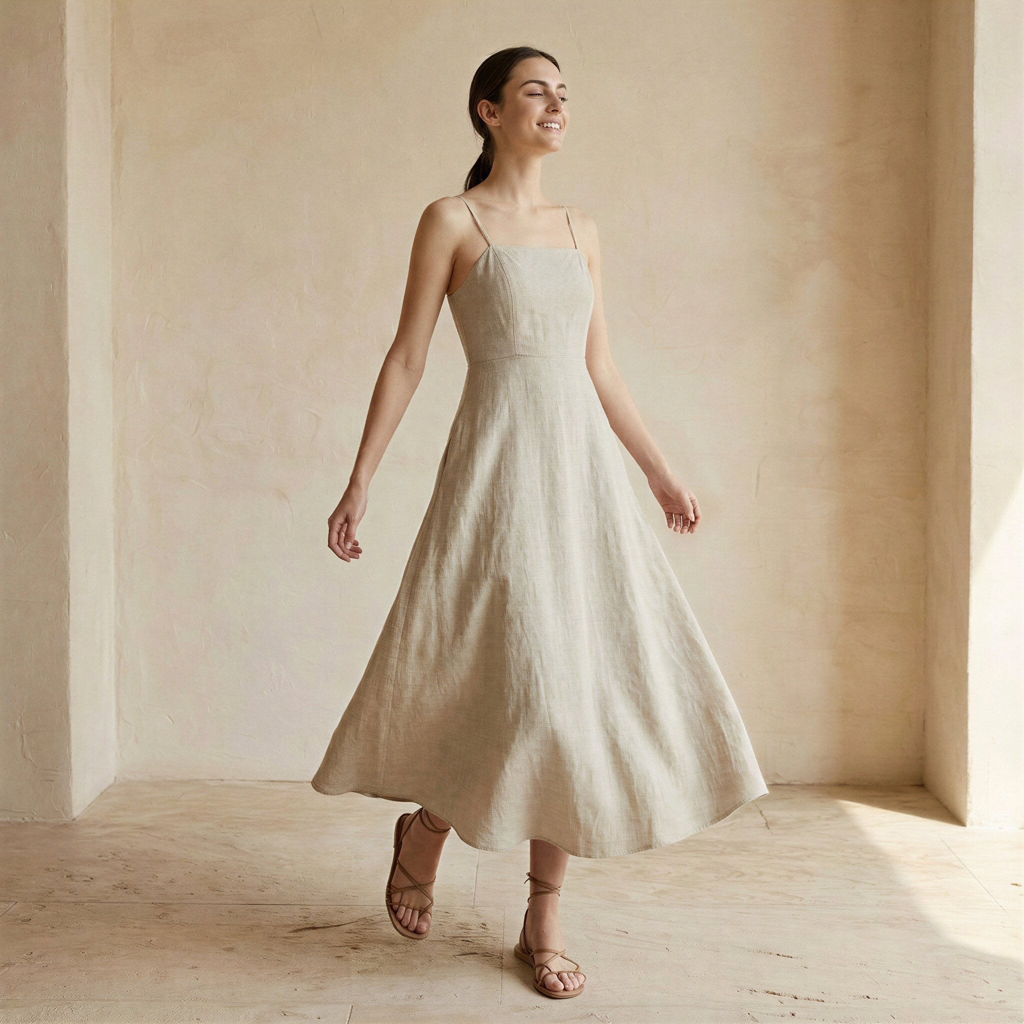 Beige Cotton Linen Ankle Length Flared Sundress