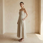 Beige Cotton Linen Ankle Length Flared Sundress