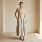 Beige Cotton Linen Ankle Length Flared Sundress