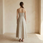 Beige Cotton Linen Ankle Length Flared Sundress
