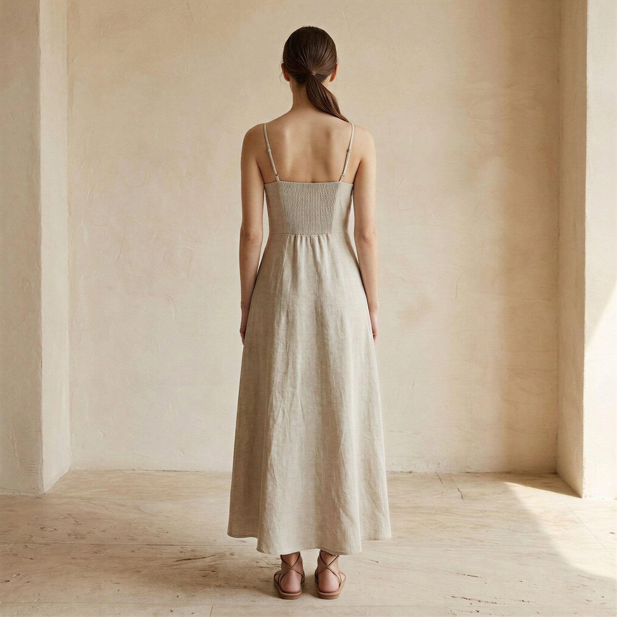 Beige Cotton Linen Ankle Length Flared Sundress