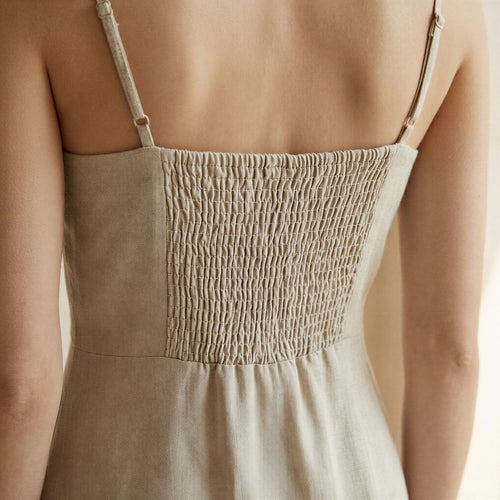 Beige Cotton Linen Ankle Length Flared Sundress