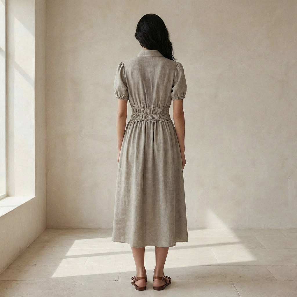 Beige Cotton Linen Button-Down Midi Shirt Dress