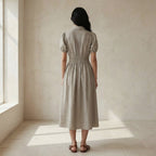 Beige Cotton Linen Button-Down Midi Shirt Dress