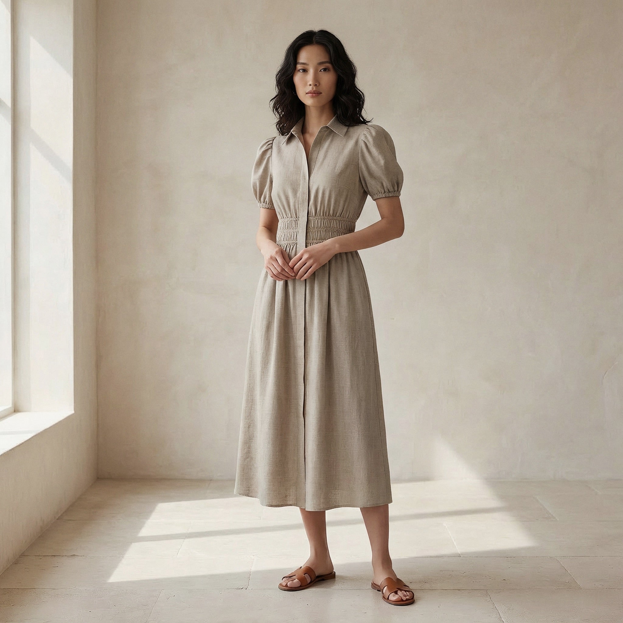 Beige Cotton Linen Button-Down Midi Shirt Dress