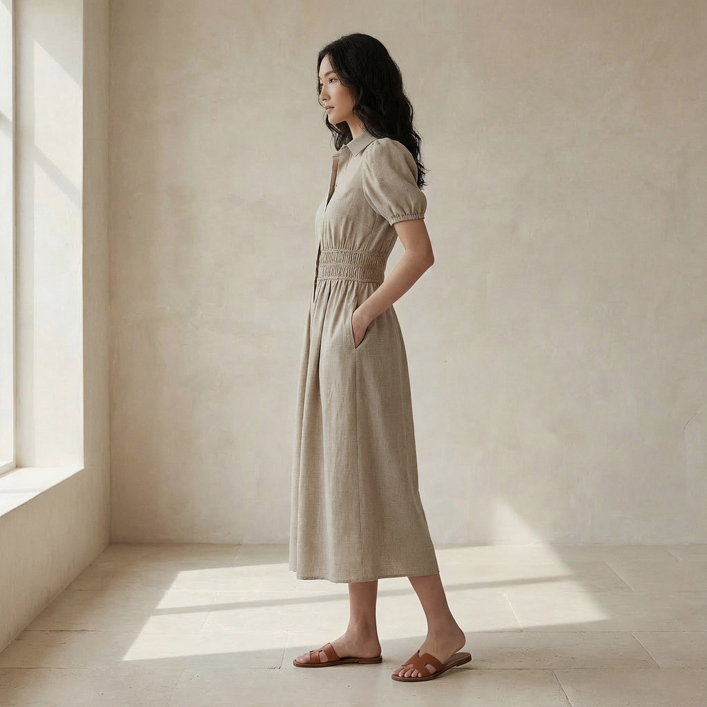 Beige Cotton Linen Button-Down Midi Shirt Dress
