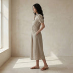 Beige Cotton Linen Button-Down Midi Shirt Dress