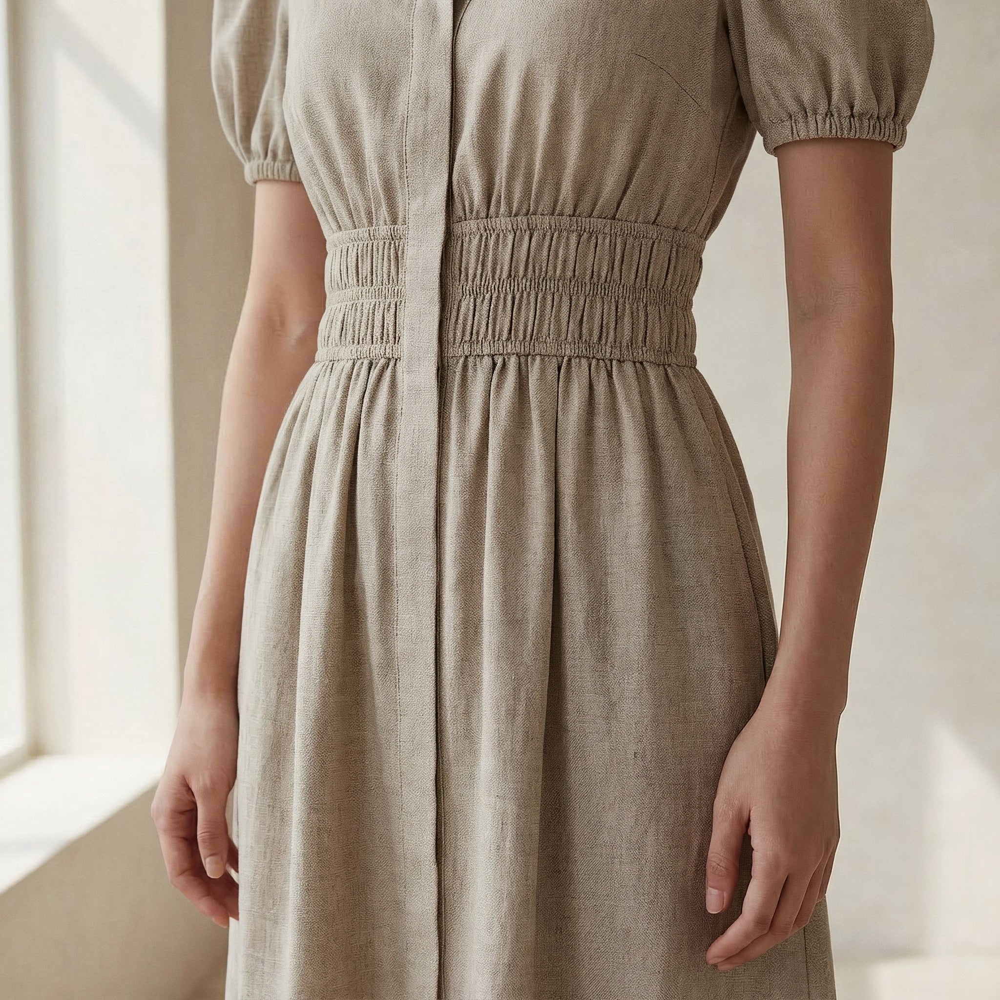 Beige Cotton Linen Button-Down Midi Shirt Dress