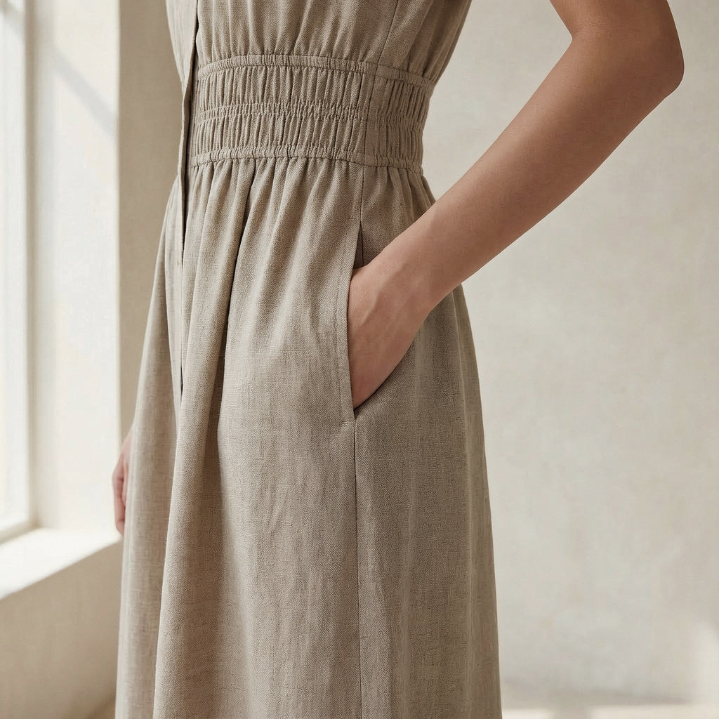 Beige Cotton Linen Button-Down Midi Shirt Dress