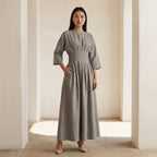Beige Cotton-Linen Cinched Waist Flared Maxi Dress