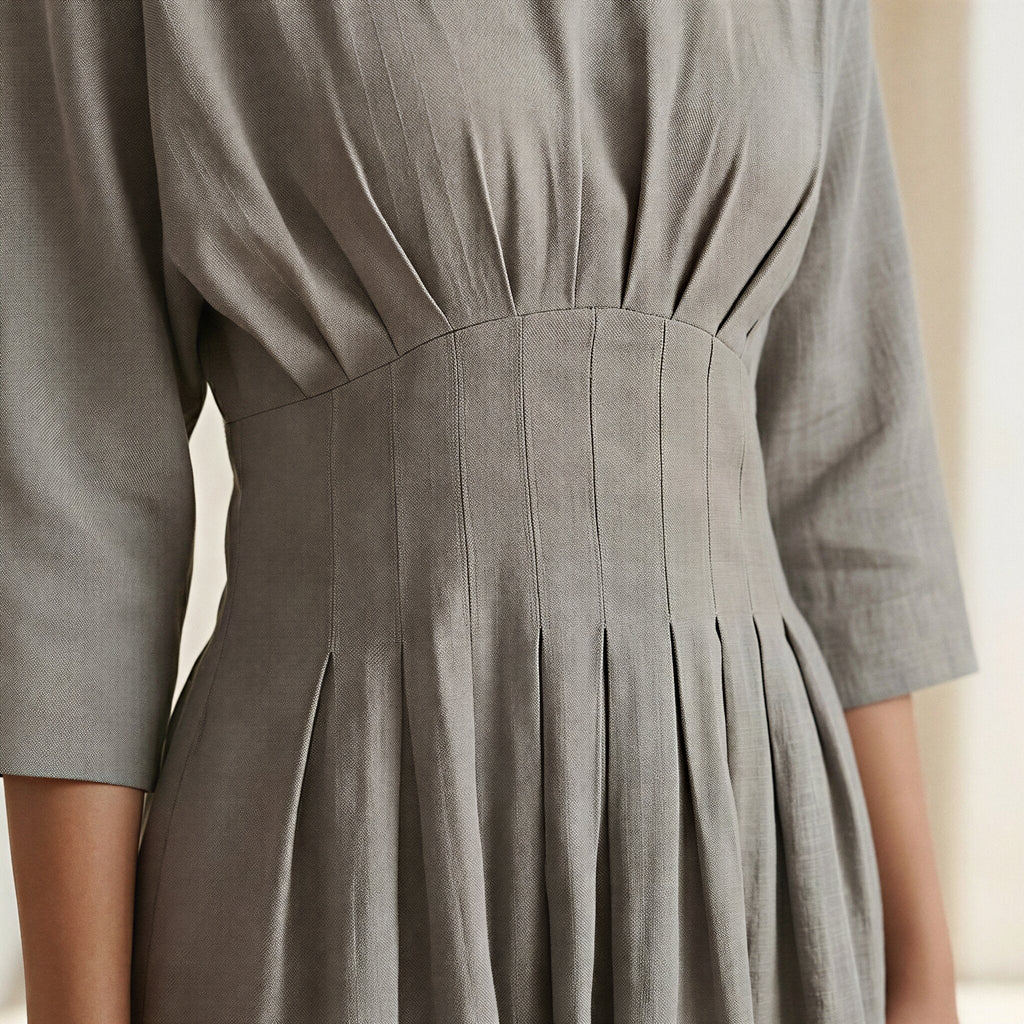 Beige Cotton-Linen Cinched Waist Flared Maxi Dress
