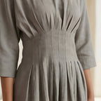 Beige Cotton-Linen Cinched Waist Flared Maxi Dress