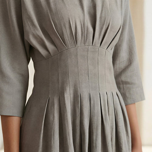 Beige Cotton-Linen Cinched Waist Flared Maxi Dress