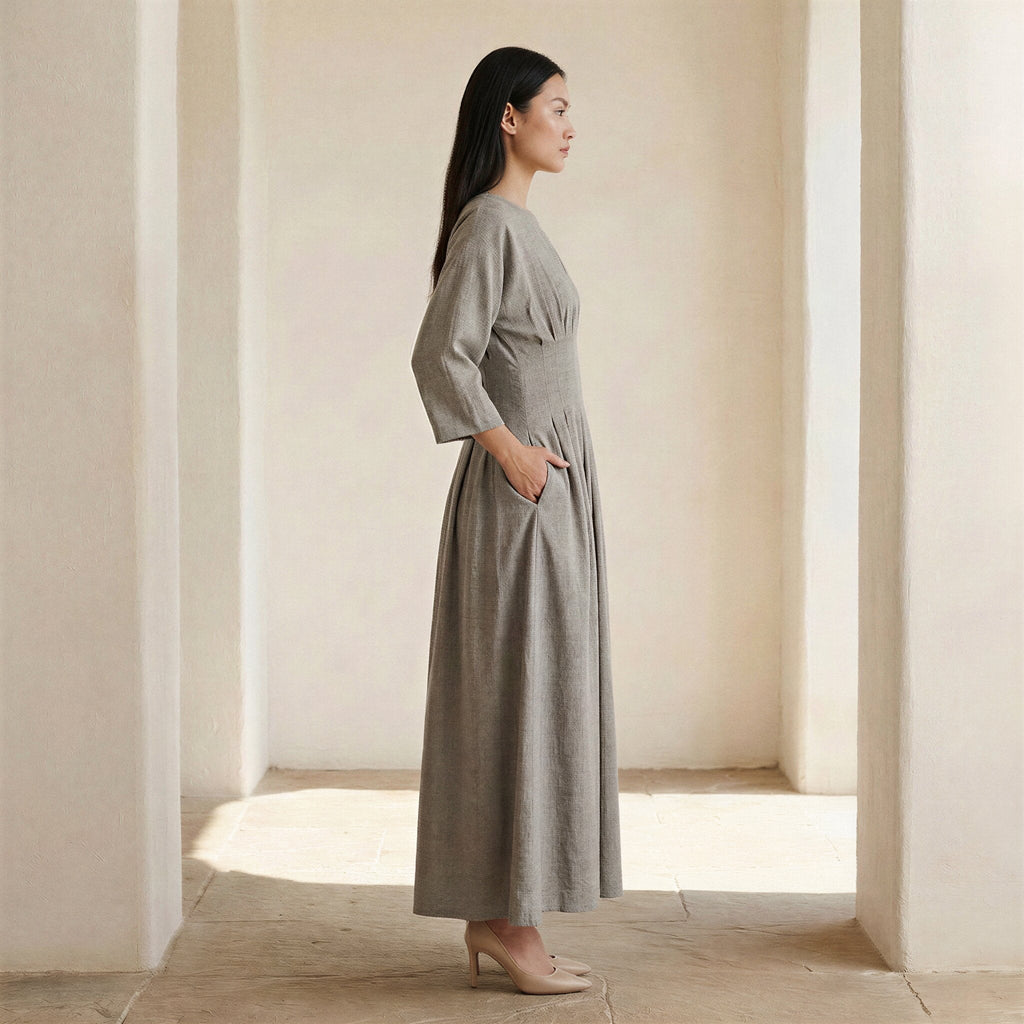 Beige Cotton-Linen Cinched Waist Flared Maxi Dress