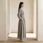 Beige Cotton-Linen Cinched Waist Flared Maxi Dress