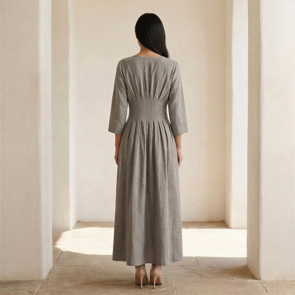 Beige Cotton-Linen Cinched Waist Flared Maxi Dress